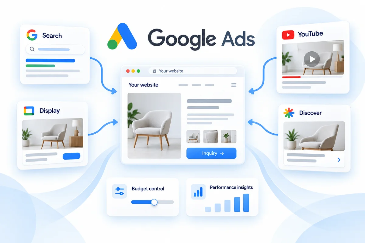 Google Ads 搜索、视频和展示广告将潜在客户引导至企业独立站与询盘入口